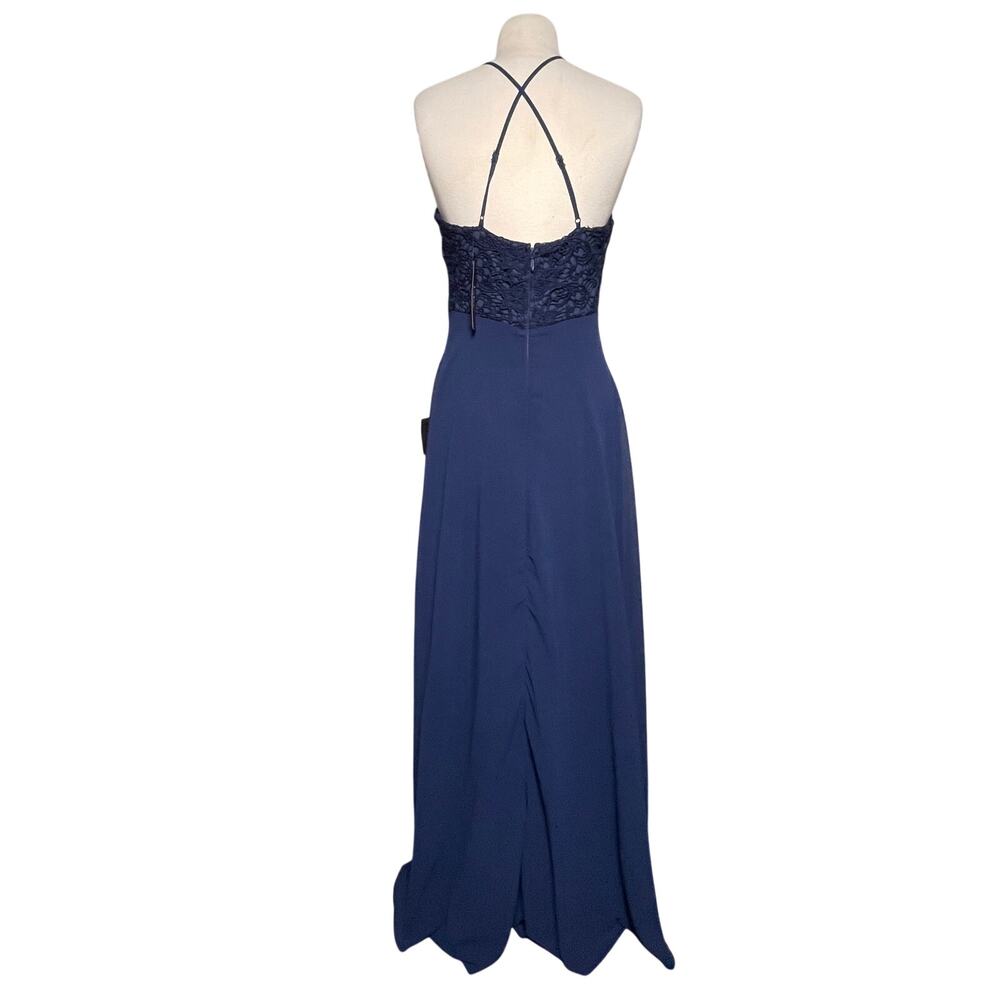 NWT LULU’s Women’s Navy Blue Chiffon Lace Maxi Full Length Dress Gown - Picture 7 of 9